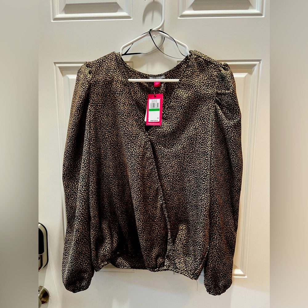 VINCE CAMUTO Womens Brown Snap Button Closure Pouf Sleeve Faux Wrap Top L